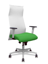 Sillón Albacete con mecanismo Sincro tapizada con Tela color Verde y malla color Blanco. Equipado con Base poliamida blanca, Brazos 1D y Ruedas 65 mm parqué