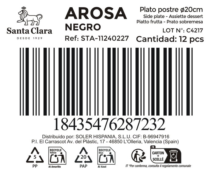 Inde Plato de Postre Negro Ø20 cm Arosa S. Clara - Juego de 24 Piezas - Plato Postre (12 Unidades)