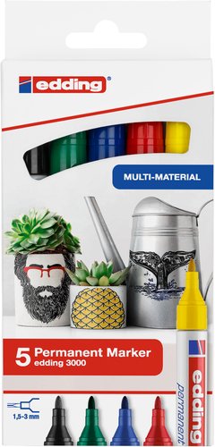 Marcador Permanente Edding 3000 Conico Colores Basicos Estuche De 5 (Negro, Rojo, Azul, Verde, Amarillo) Marcador Permanente Edding 3000 Conico Colores Basicos Estuche De 5 (Negro, Rojo, Azul, Verde, Amarillo)