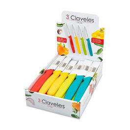 3 Claveles Cuchillo Verduras 8 cm Filo Liso y Dentado Colores Surtidos Expositor 24 Unidades