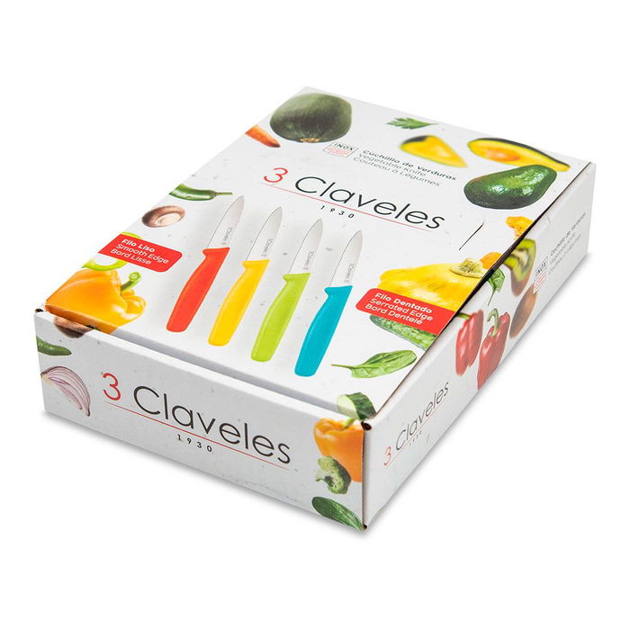 3 Claveles Cuchillo Verduras 8 cm Filo Liso y Dentado Colores Surtidos Expositor 24 Unidades