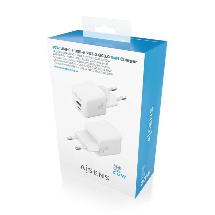 Aisens Cargador GaN 20W Blanco con USB-C PD3.0 y USB-A QC3.0 Aisens Cargador GaN 20W Blanco con USB-C PD3.0 y USB-A QC3.0