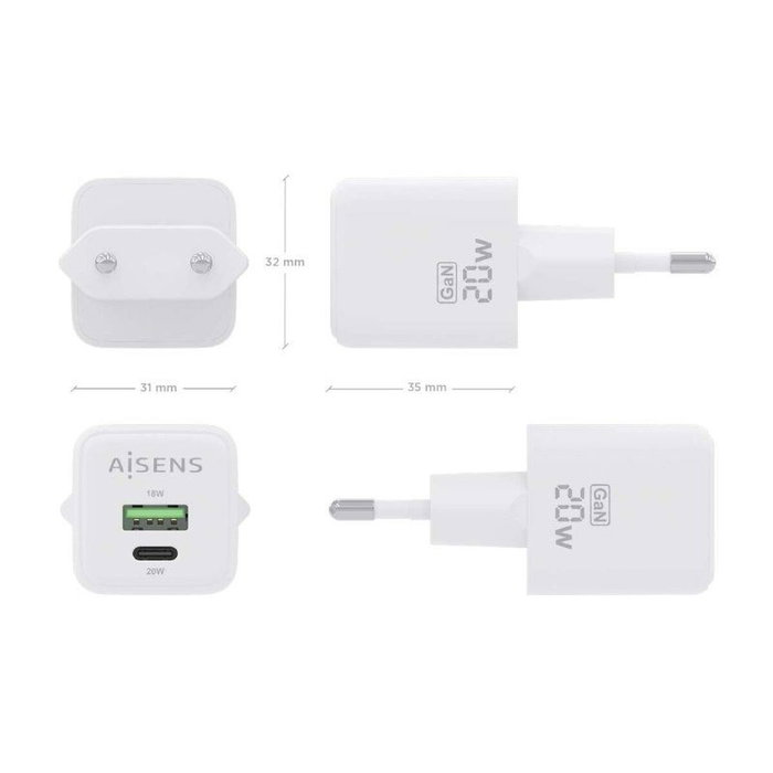 Aisens Cargador GaN 20W Blanco con USB-C PD3.0 y USB-A QC3.0 Aisens Cargador GaN 20W Blanco con USB-C PD3.0 y USB-A QC3.0