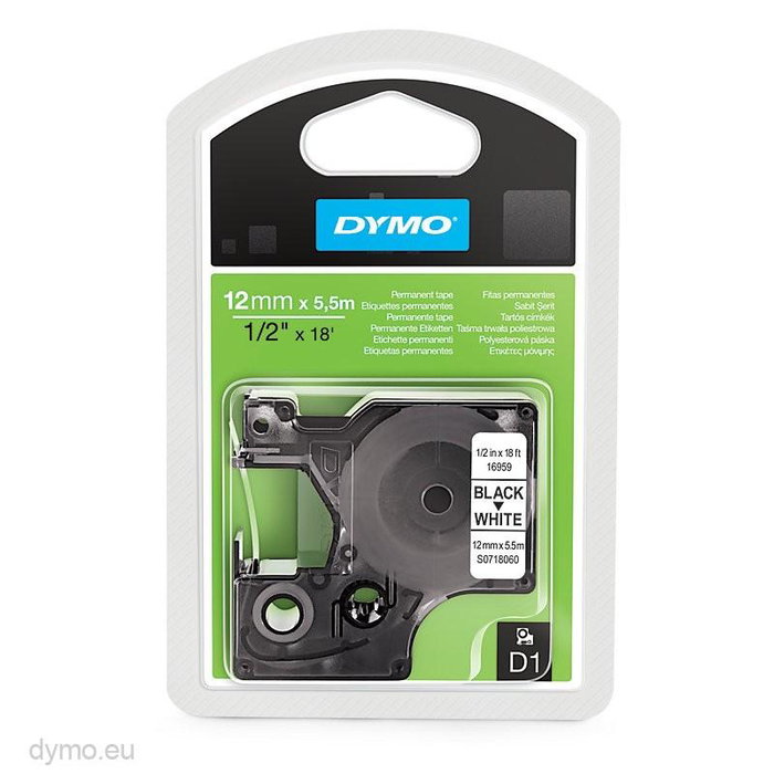 Dymo Cinta D1 12mm x 5,5m Negro sobre Blanco Poliéster Permanente