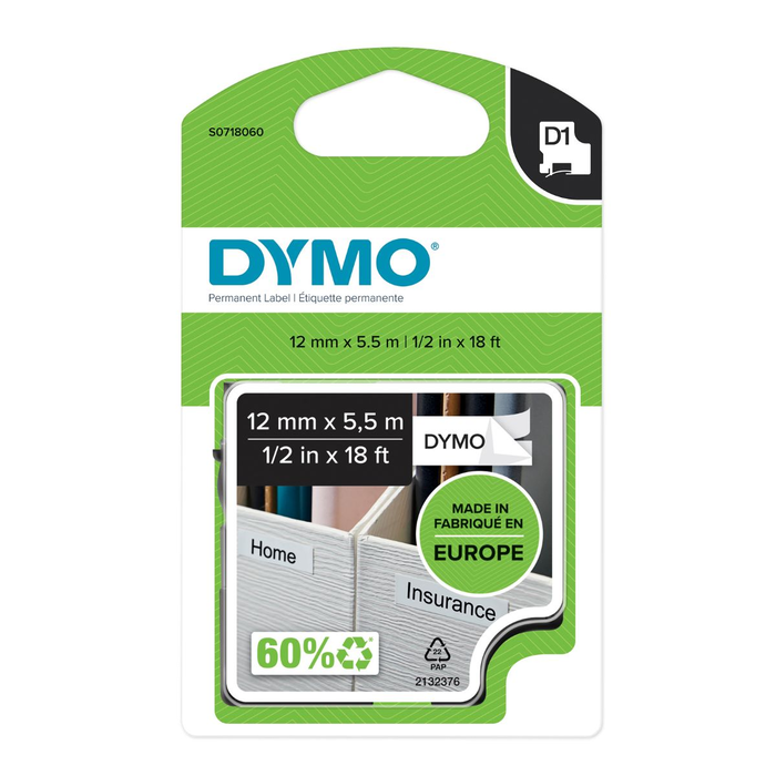 Dymo Cinta D1 12mm x 5,5m Negro sobre Blanco Poliéster Permanente