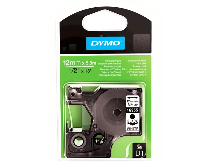 Dymo Cinta D1 12mm x 5,5m Negro sobre Blanco Poliéster Permanente