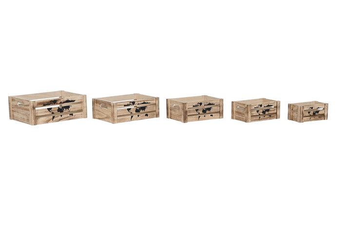 DKD Home Decor Set de 5 Cajas Decorativas Shabby Mapamundi Marrón Negro Madera Paulownia 28 x 14.5 x 39 cm