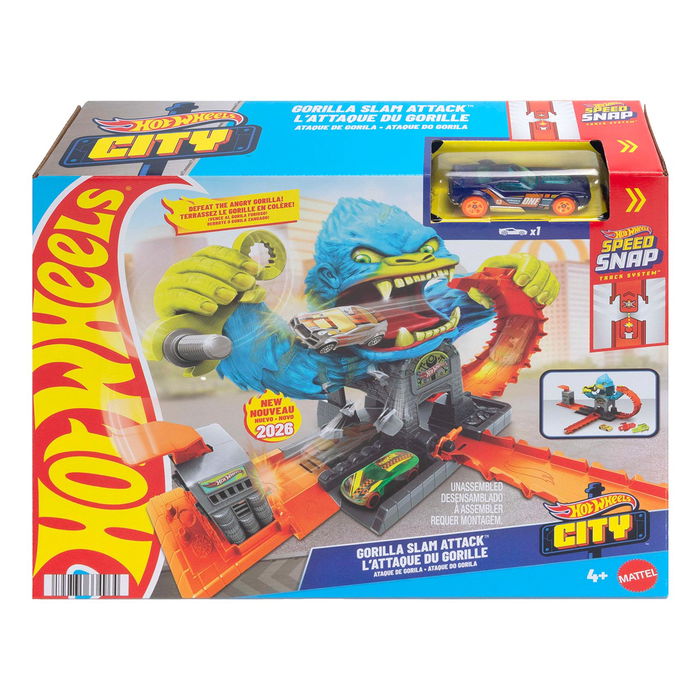 Hot Wheels Pista Gorilla Garage Attack JHL92, Set de Juego con Coche a Escala 1:64 para Niños +4 Años, Enfrenta al Gorila