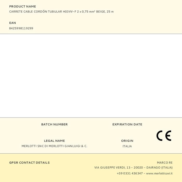 Edm Carrete cable cordón tubular H03VV-F 2 x 0,75 mm² C15 Beige 25m