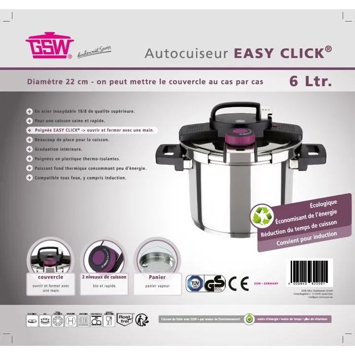 GSW GSW4005643822091 Olla a Presión para Inducción Easy Click, 6 Litros, Ø 22 cm, Acero Inoxidable 18/10 GSW GSW4005643822091 Olla a Presión para Inducción Easy Click, 6 Litros, Ø 22 cm, Acero Inoxidable 18/10