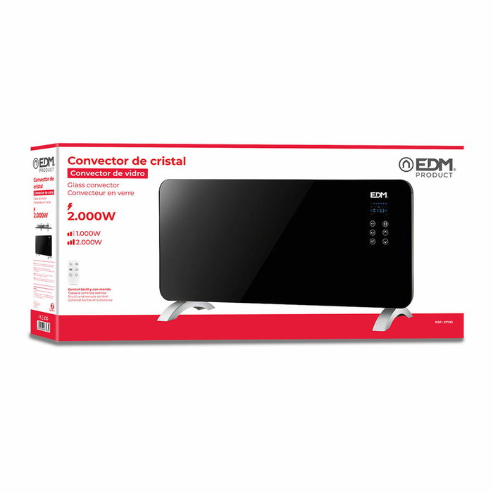 Edm Convector Placa de Cristal 2000 W Negro con Termostato y Programador IP24 Edm Convector Placa de Cristal 2000 W Negro con Termostato y Programador IP24