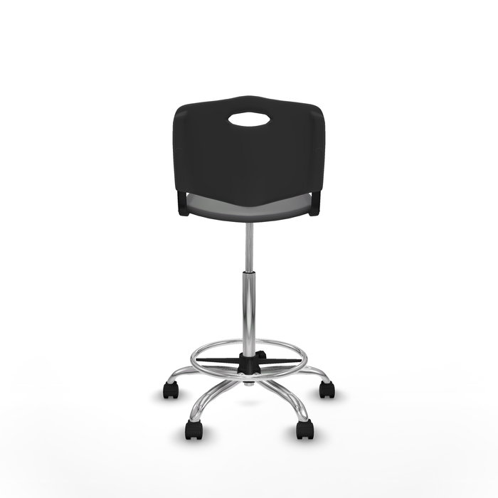 Taburete Robledo con mecanismo Giratorio de PVC color Negro. Equipado con Base cromada, Sin brazos y Ruedas de nailon 50 mm