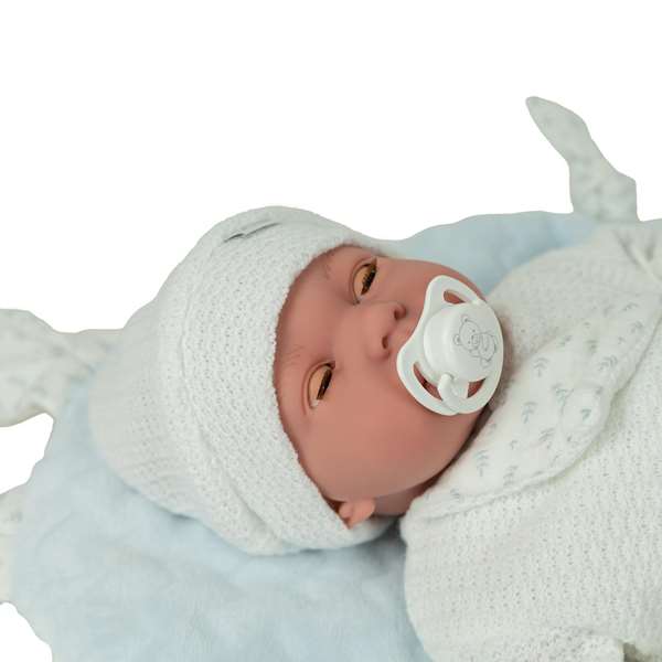 Muñecas Arias - Muñeca Andie 40 cm con Cojín, Ojos Durmientes y Lloro Magnético, Azul, Incluye Pilas