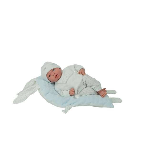 Muñecas Arias - Muñeca Andie 40 cm con Cojín, Ojos Durmientes y Lloro Magnético, Azul, Incluye Pilas