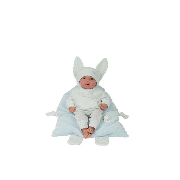 Muñecas Arias - Muñeca Andie 40 cm con Cojín, Ojos Durmientes y Lloro Magnético, Azul, Incluye Pilas