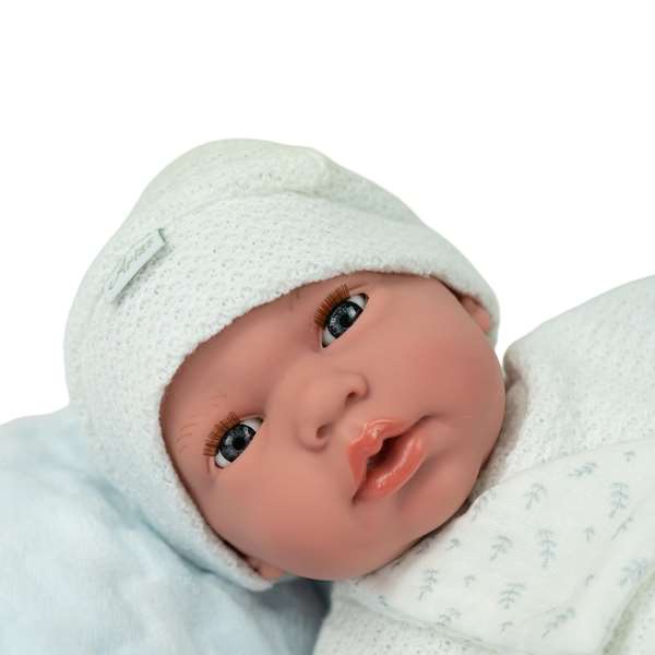 Muñecas Arias - Muñeca Andie 40 cm con Cojín, Ojos Durmientes y Lloro Magnético, Azul, Incluye Pilas