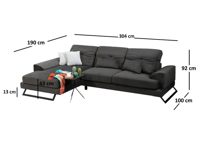 Atelier Del Sofa Sofá Esquinero Left (Chl+3R) Antracita 308x190cm, Comodidad y Estilo con Respaldo Ajustable y Patas Metálicas