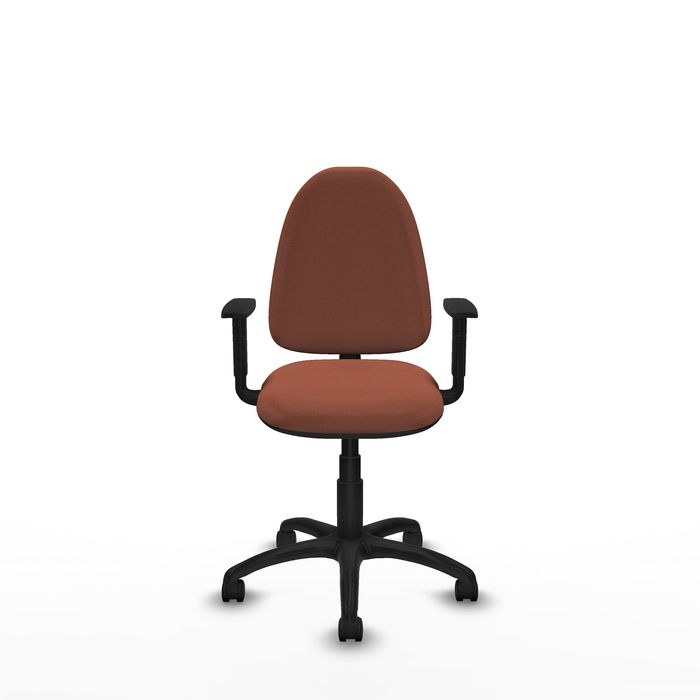 Silla de oficina Aýna con mecanismo Contacto permanente básico tapizada con Tela color Marrón. Equipada con Base poliamida negra, Brazos 1D y Ruedas de nailon 50 mm