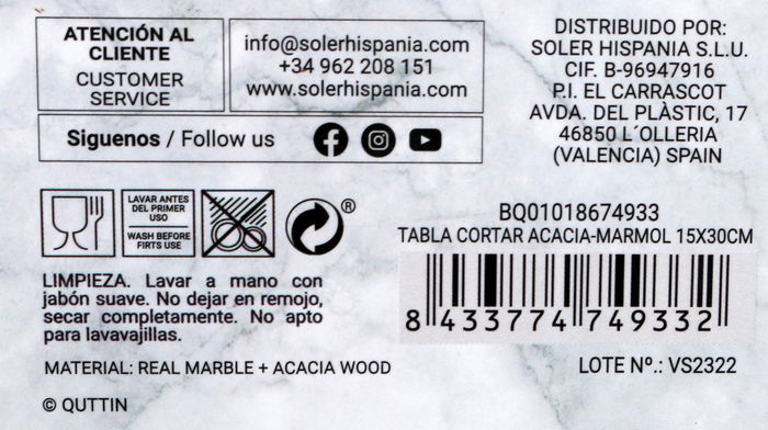 Quttin Tabla Cortar Acacia-Mármol 15 x 30 cm (10 Unidades)