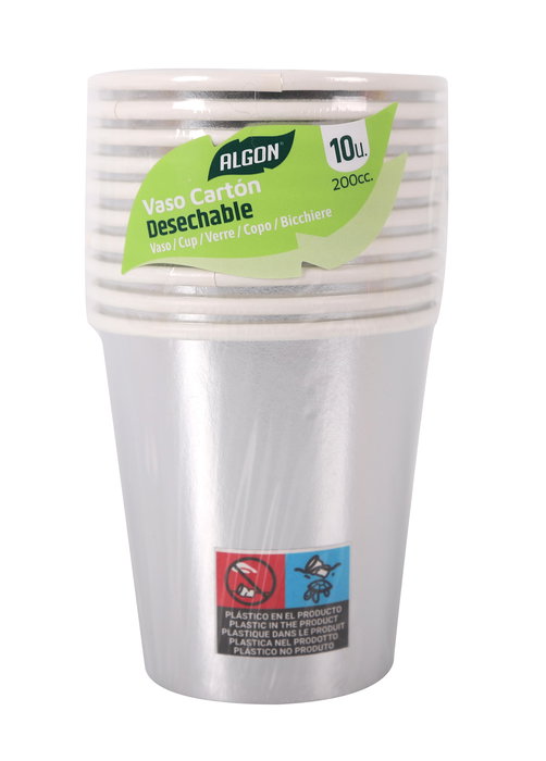 Algon Set 10 Vasos Cartón Plata 200 cc (7,3 x 8 x 7,3 cm) (36 Unidades)