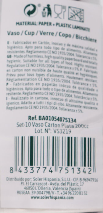 Algon Set 10 Vasos Cartón Plata 200 cc (7,3 x 8 x 7,3 cm) (36 Unidades)