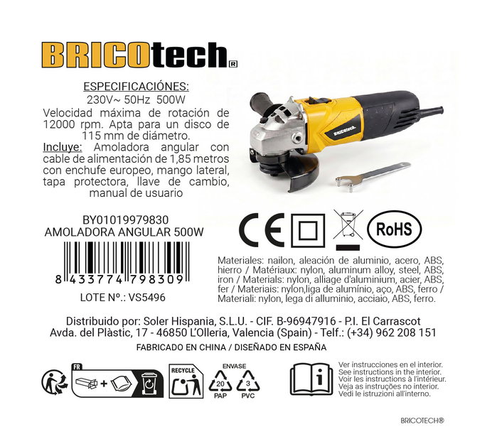 Bricotech Amoladora Angular 500W 230mm Bricotech Amoladora Angular 500W 230mm