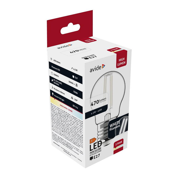 Avide Bombilla LED White Filament Mini Globe 4,5W E27 Blanco Cálido Avide Bombilla LED White Filament Mini Globe 4,5W E27 Blanco Cálido