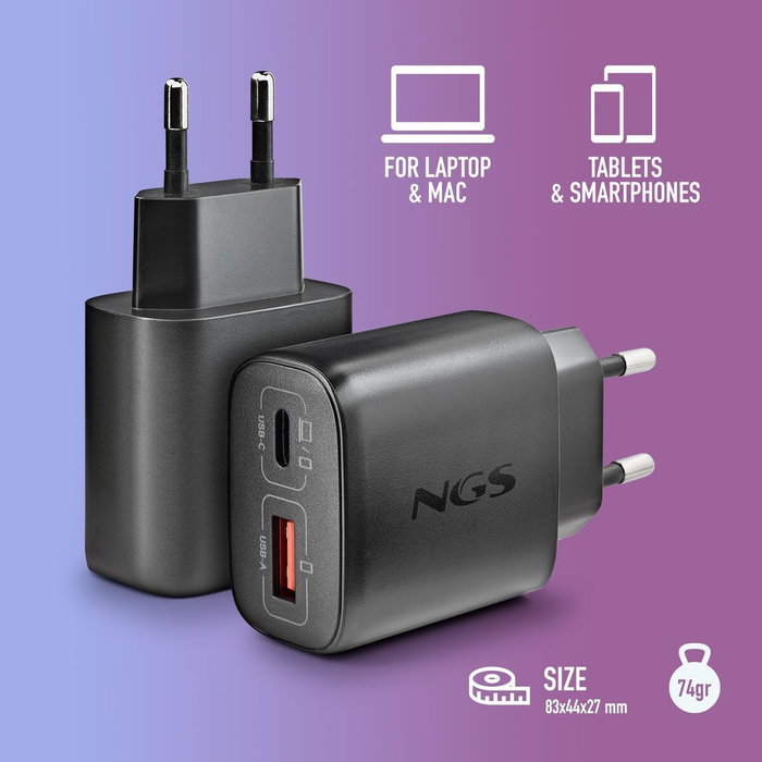 NGS ERA 45W BLACK Cargador de Pared GaN con USB-C y USB-A Negro