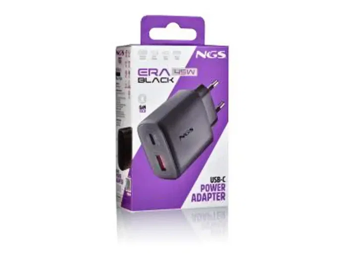 NGS ERA 45W BLACK Cargador de Pared GaN con USB-C y USB-A Negro