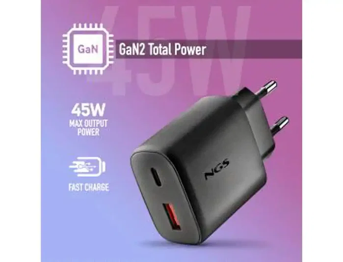 NGS ERA 45W BLACK Cargador de Pared GaN con USB-C y USB-A Negro