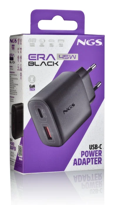 NGS ERA Cargador GaN de Pared 45W Negro con 1 Puerto USB-C (Power Delivery/PPS) y 1 Puerto USB-A (Quick Charge 3.0) para Smartphone, Tablet y Portátil - Carga Rápida