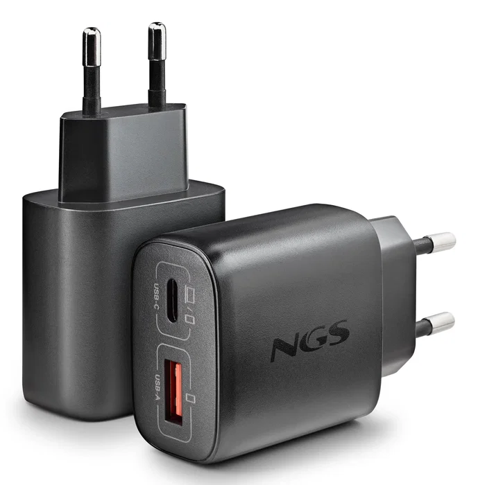 NGS ERA Cargador GaN de Pared 45W Negro con 1 Puerto USB-C (Power Delivery/PPS) y 1 Puerto USB-A (Quick Charge 3.0) para Smartphone, Tablet y Portátil - Carga Rápida