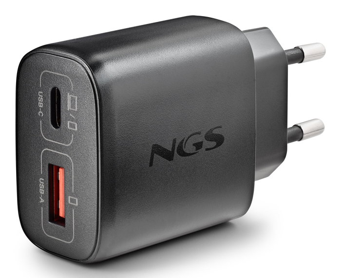 NGS ERA Cargador GaN de Pared 45W Negro con 1 Puerto USB-C (Power Delivery/PPS) y 1 Puerto USB-A (Quick Charge 3.0) para Smartphone, Tablet y Portátil - Carga Rápida