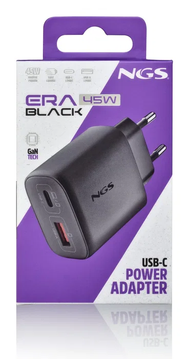 NGS ERA Cargador GaN de Pared 45W Negro con 1 Puerto USB-C (Power Delivery/PPS) y 1 Puerto USB-A (Quick Charge 3.0) para Smartphone, Tablet y Portátil - Carga Rápida