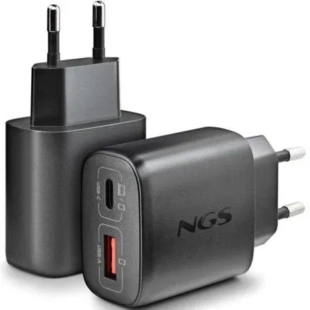 NGS Cargador de Pared GaN ERA 45W BLACK, 45W, 2 Puertos (USB-C + USB-A), Carga Rápida