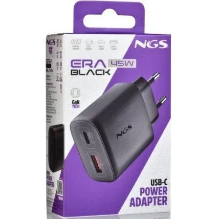 NGS Cargador de Pared GaN ERA 45W BLACK, 45W, 2 Puertos (USB-C + USB-A), Carga Rápida