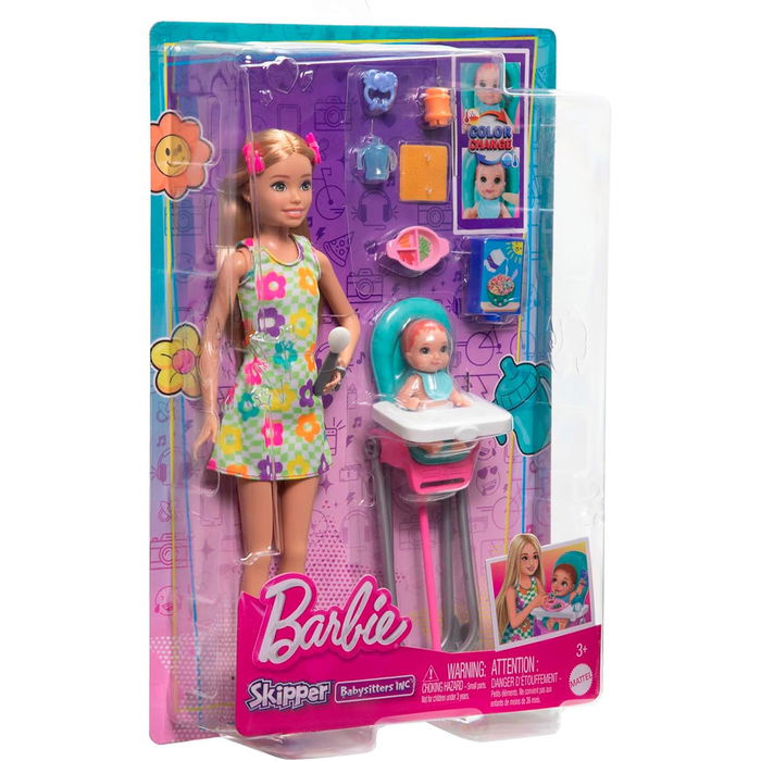 Barbie Muñeca Skipper Niñera Con Trona Y Bebe HTK35