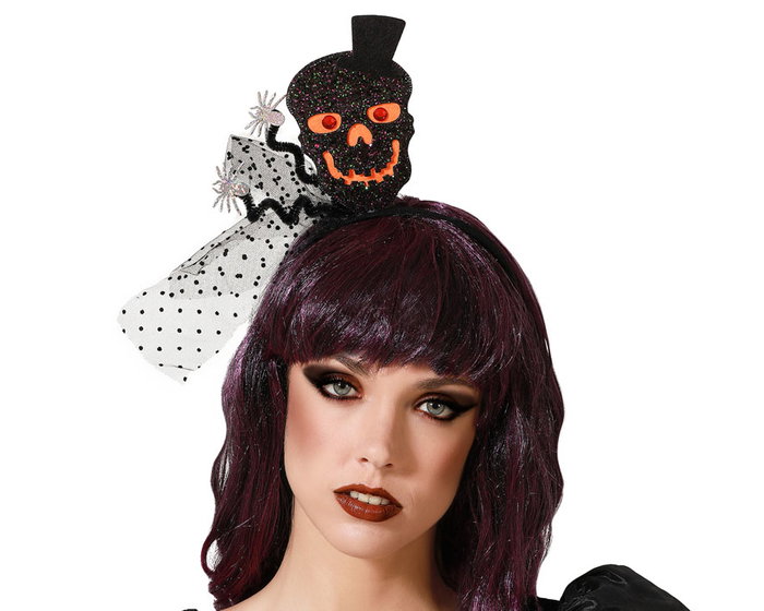 Atosa Diadema Halloween Calavera con Sombrero y Tul Negro y Naranja para Mujer Adulto Atosa Diadema Halloween Calavera con Sombrero y Tul Negro y Naranja para Mujer Adulto