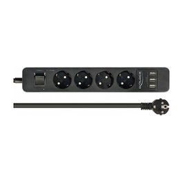 DeLOCK Regleta de 4 tomas con protección contra sobretensiones y cargador USB, Negro