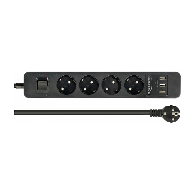DeLOCK Regleta de 4 tomas con protección contra sobretensiones y cargador USB, Negro DeLOCK Regleta de 4 tomas con protección contra sobretensiones y cargador USB, Negro