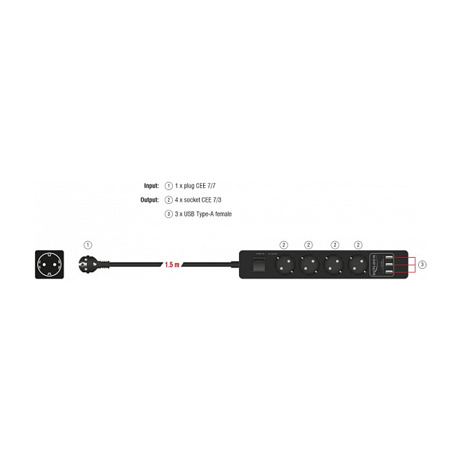 DeLOCK Regleta de 4 tomas con protección contra sobretensiones y cargador USB, Negro DeLOCK Regleta de 4 tomas con protección contra sobretensiones y cargador USB, Negro