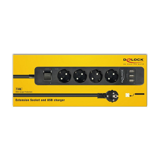 DeLOCK Regleta de 4 tomas con protección contra sobretensiones y cargador USB, Negro DeLOCK Regleta de 4 tomas con protección contra sobretensiones y cargador USB, Negro