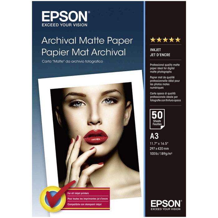 Epson Archival Matte Paper A3, 50 Hojas, 189 g/m²