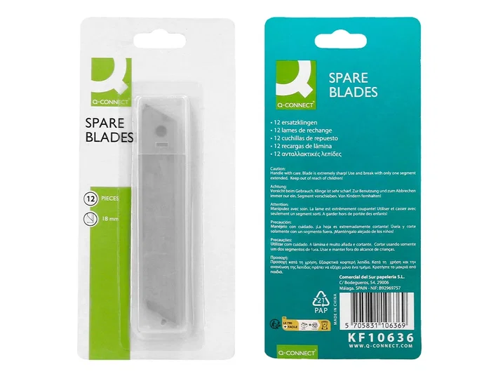 Q-connect Repuesto Cúter Cuchilla Ancha 18 mm para Modelos KF10632/KF10635/KF10937/KF10634 Blister 12 Unidades