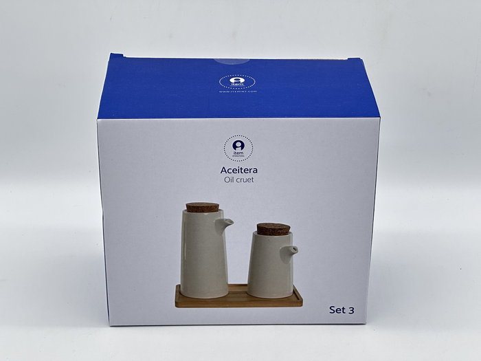 DKD Home Decor Set de 3 Aceiteras de Gres y Bambú Blanco