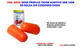 SIFER Tapones auditivos Proplus SNR 34dB en bolsa sin cordón