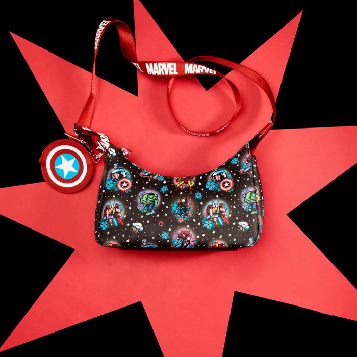 Loungefly Funko Marvel Avengers Tattoo Bolso de Hombro de Cuero Vegano con Diseño Floral de Superhéroes y Monedero Desmontable