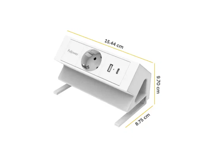 Fellowes Regleta sobremesa con USB-C 30W, 1 toma + 1 USB-A, color blanco, para escritorios 10-45mm