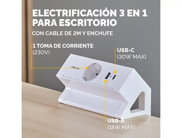 Fellowes Regleta sobremesa con USB-C 30W, 1 toma + 1 USB-A, color blanco, para escritorios 10-45mm