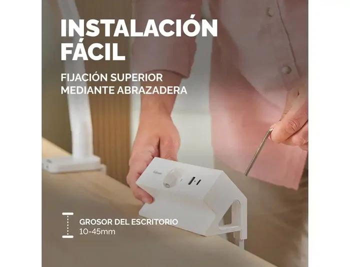 Fellowes Regleta sobremesa con USB-C 30W, 1 toma + 1 USB-A, color blanco, para escritorios 10-45mm